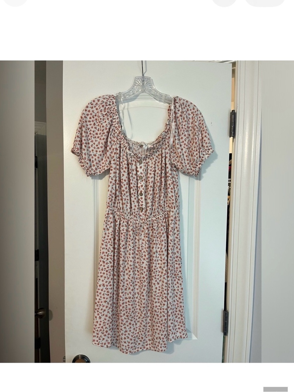 Pink Rose Blush Pink Floral Puff-Sleeve Midi Dress